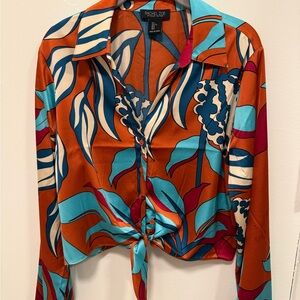 Rachel Zoe Women's Orange and Blue Floral Tie Waist Shirt